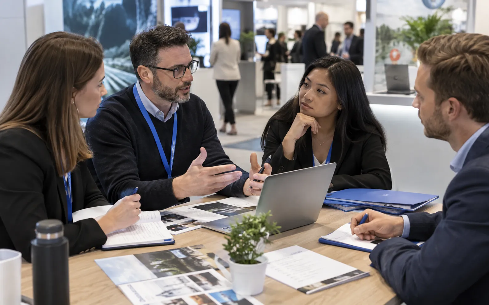 Generated scenario: A marketing and sales team reviews a concise account handoff around an exhibition planning table, with company folders, a show catalogue and a paper question list