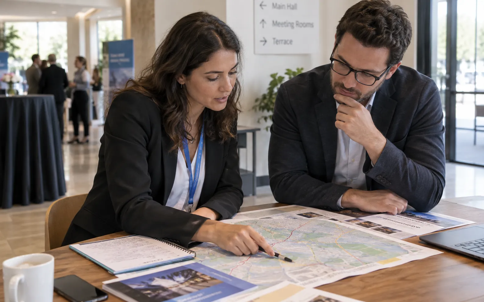 Generated scenario: A regional field marketer studies a physical city-region map with an account manager beside venue information sheets