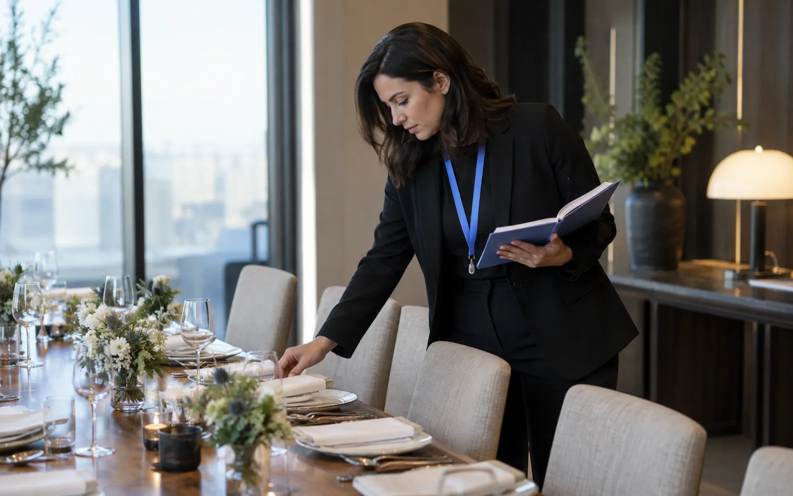 Generated scenario: A field marketer checks an empty executive-dinner place setting against a research notebook before invitations go out