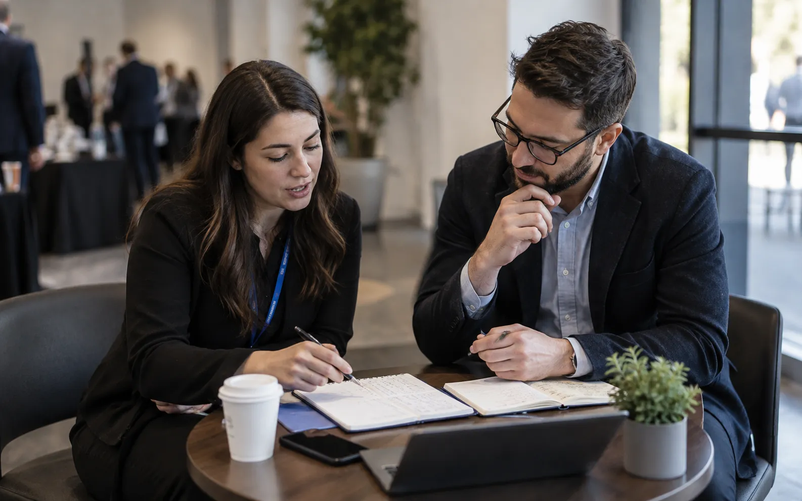 Generated scenario: A field marketer and sales account owner agree who should invite which researched company using paper notes at a small venue planning table