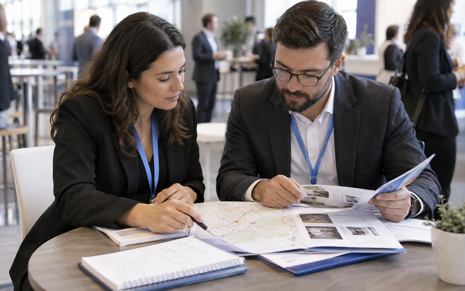Generated scenario: Two field marketers compare regional company research folders with a city-area map at a venue side table