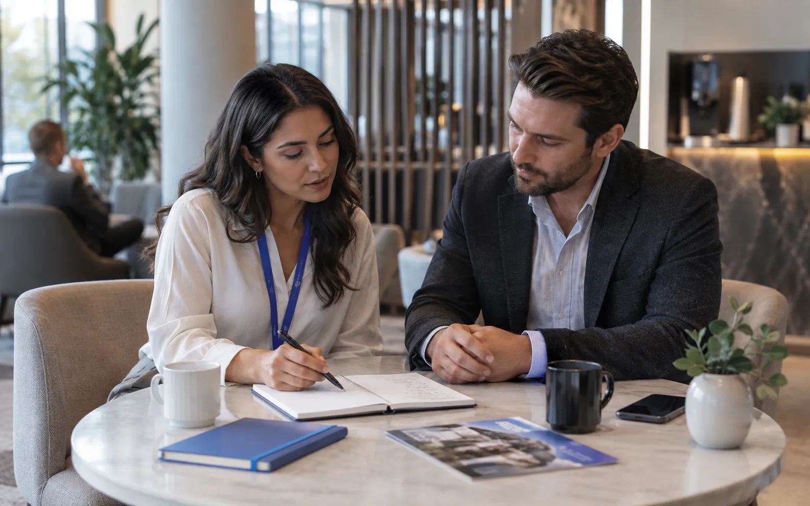 Generated scenario: A field marketer reviews business-role notes with an account executive at a quiet lounge table, regional show guide and invitation planning notebook nearby