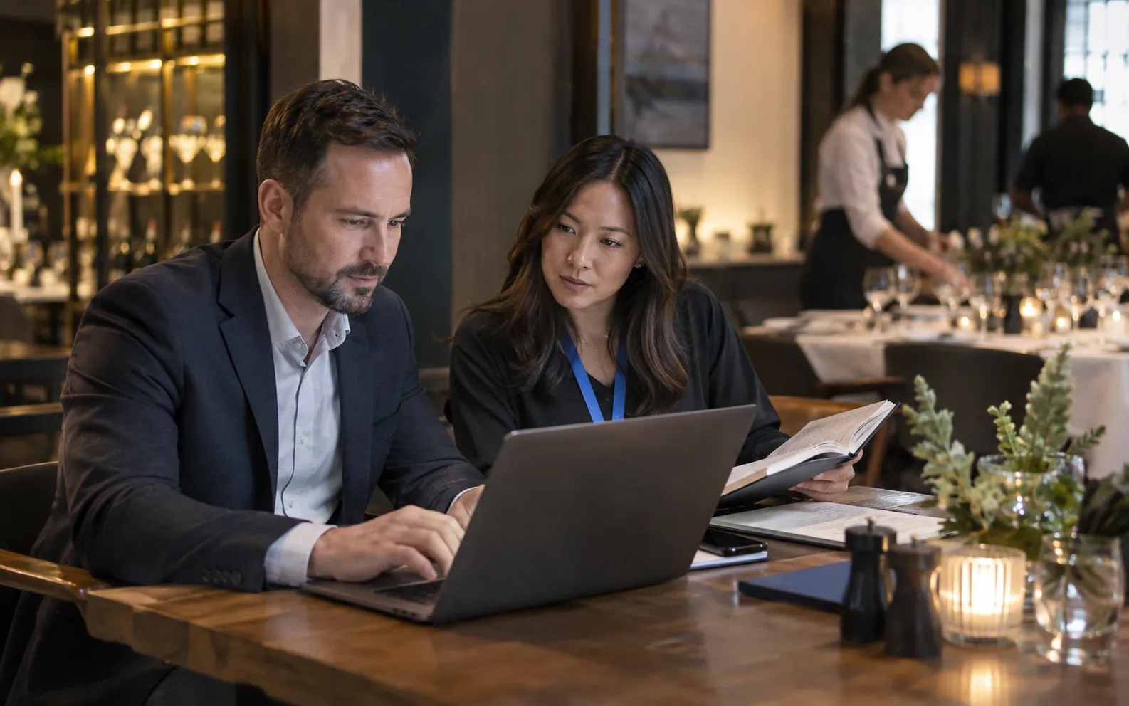 Generated scenario: A regional account owner prepares a thoughtful dinner invitation at a laptop while the field marketer consults the event brief beside them