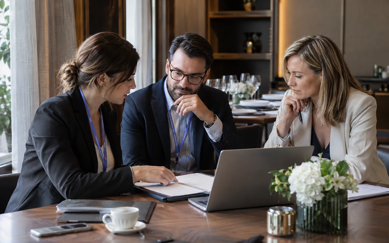 Generated scenario: A field marketer and two account owners align their regional invitation shortlist around a private dining room side table before the event, place settings in background, no attendees or outcomes implied