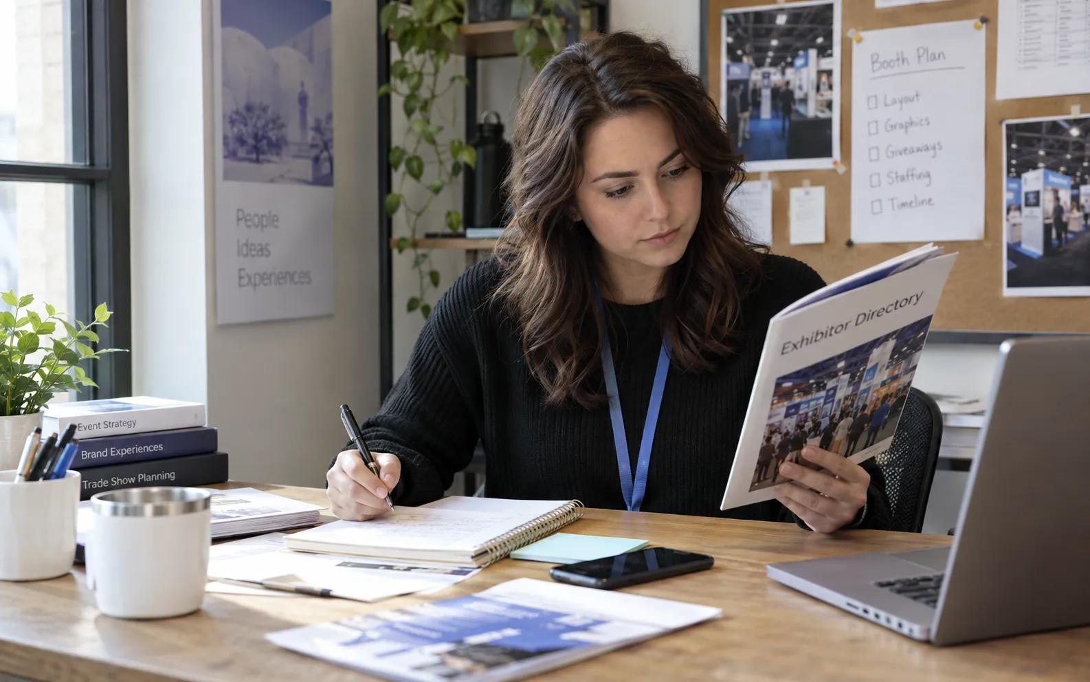 Generated scenario: An event marketer studies a printed exhibitor directory alongside an unfinished campaign brief in a booth planning office