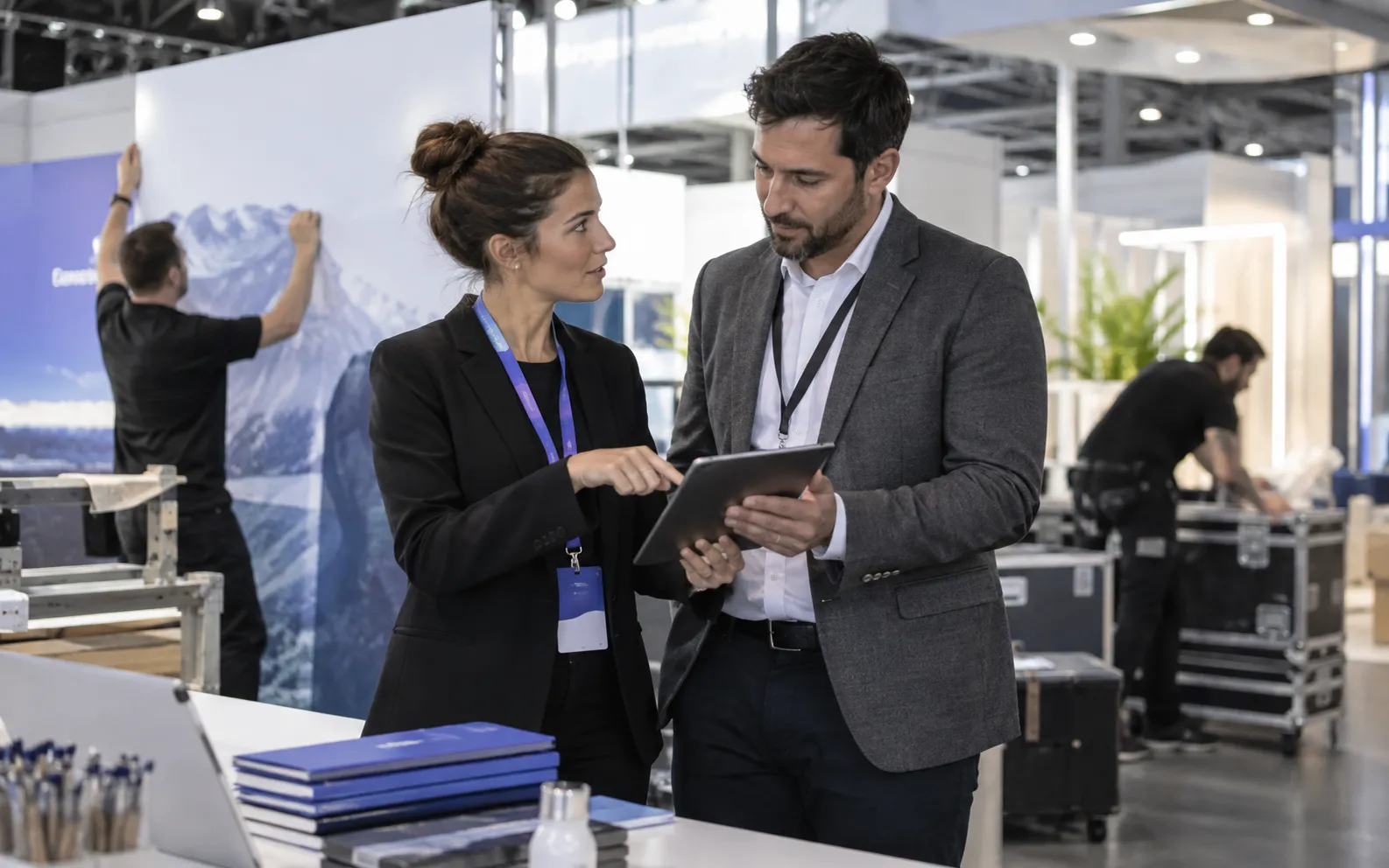 Generated scenario: A marketer and sales lead discuss a prospect handoff while booth graphics and transport cases are being prepared nearby