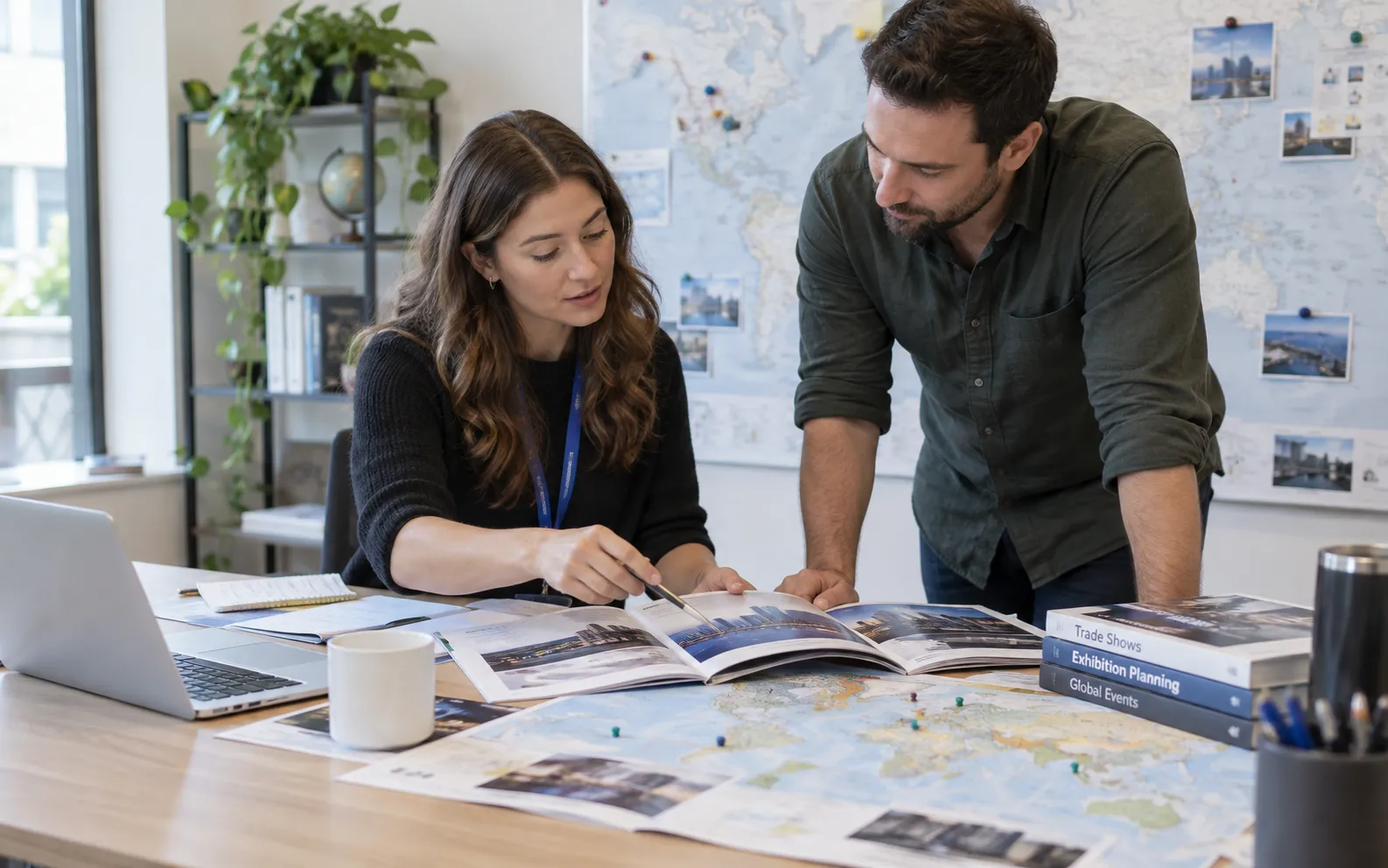 Generated scenario: Two event marketers compare industry show catalogues and date options with a physical wall map, choosing where the company should exhibit