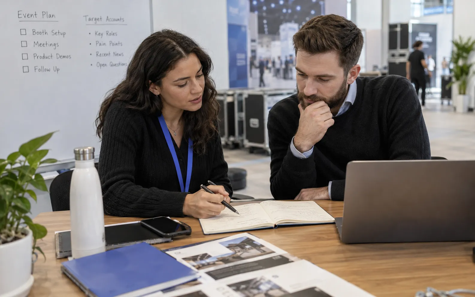 Generated scenario: An event marketer and sales lead jointly annotate a researched prospect brief with roles, source notes and open questions