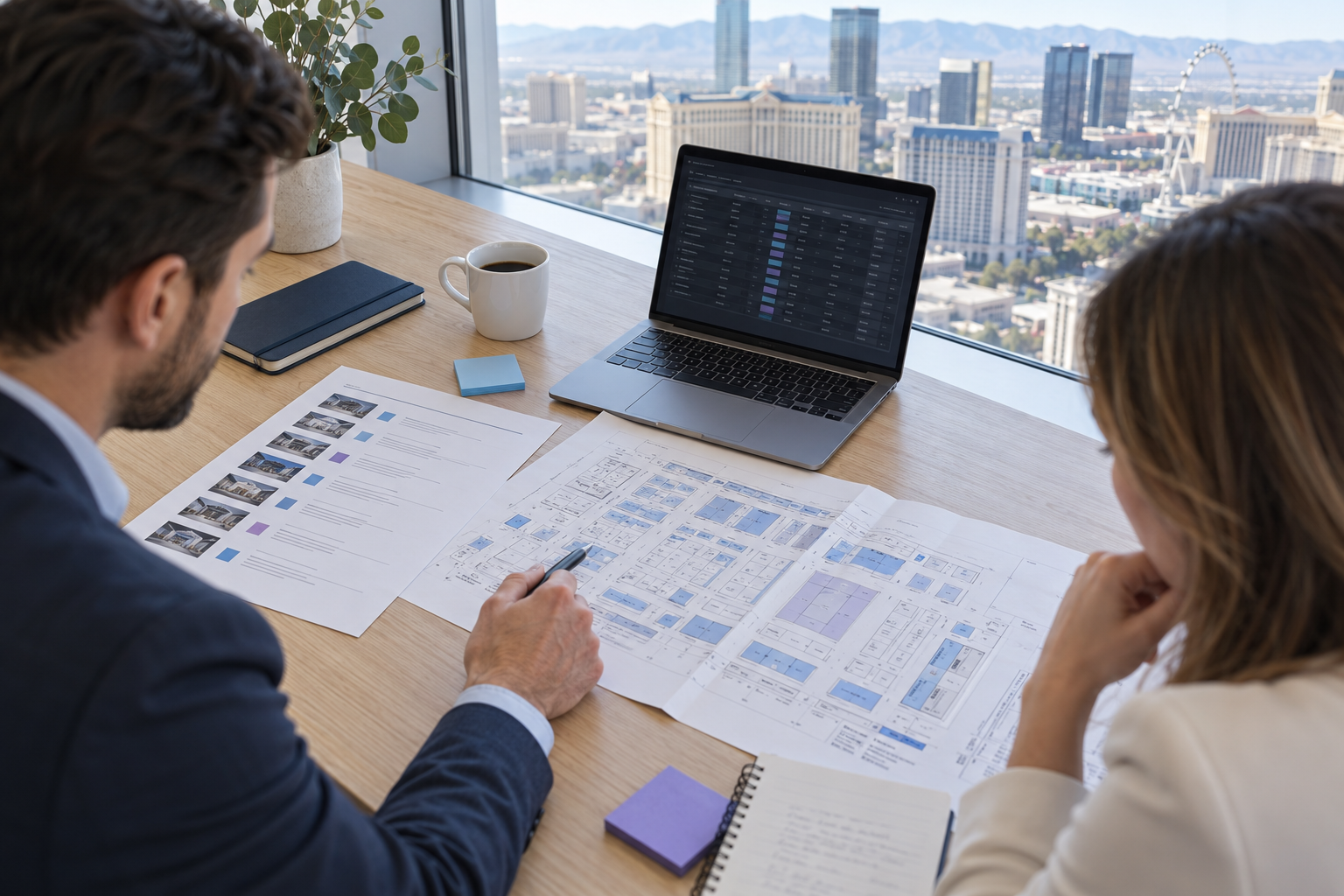 AI-generated team reviewing an account shortlist and exhibition floor plan before the show