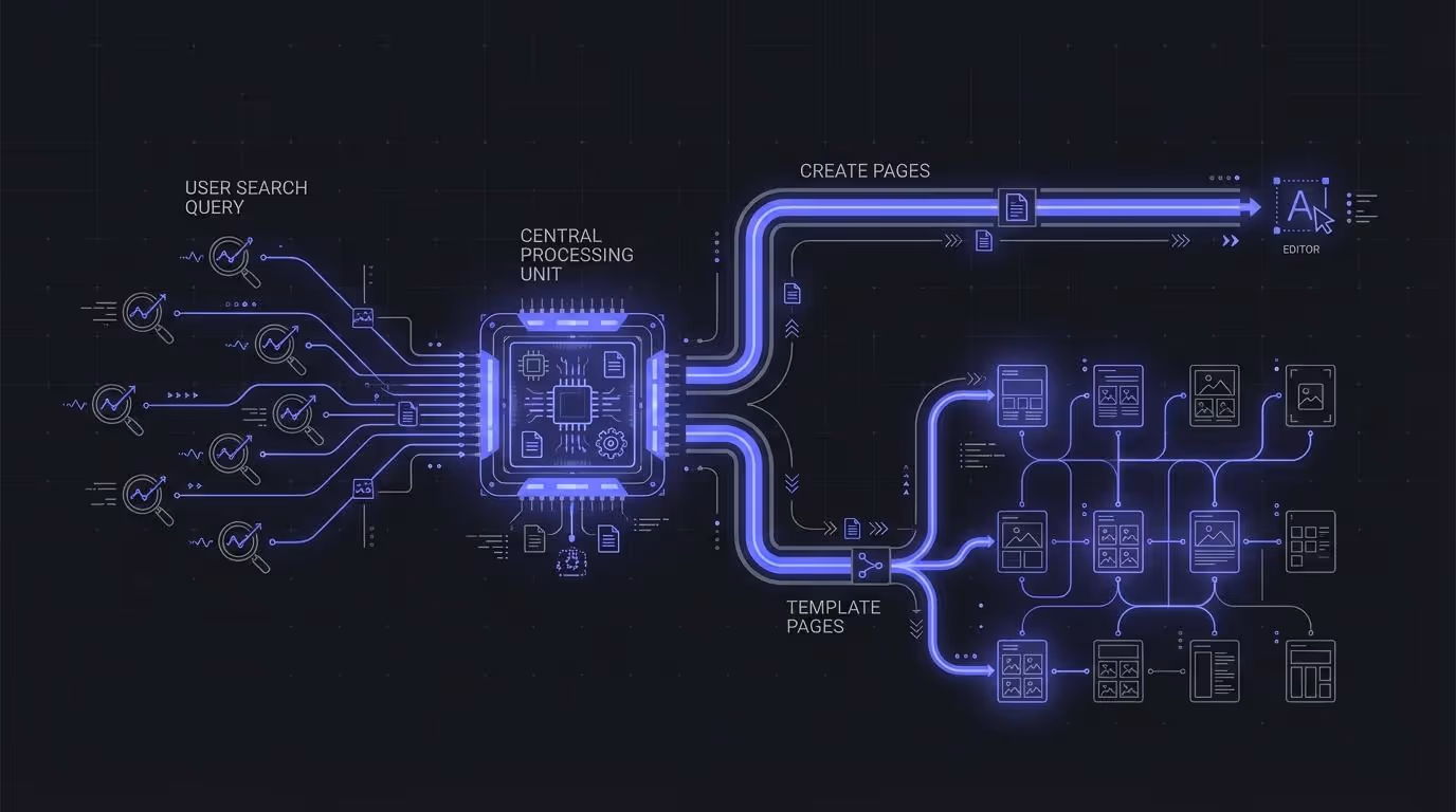Diagram illustrating Canva's SEO flywheel, where user search intent is split into "Create" and "Template" programmatic pages to capture the entire market.