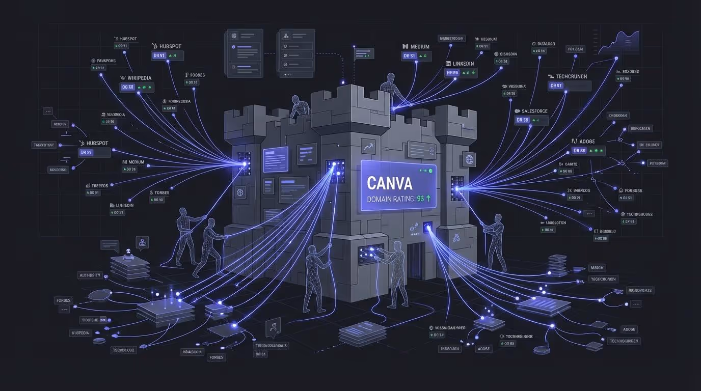 Illustration of a team building a fortress of backlinks for Canva, symbolizing their relentless and personalized outreach strategy to build domain authority.