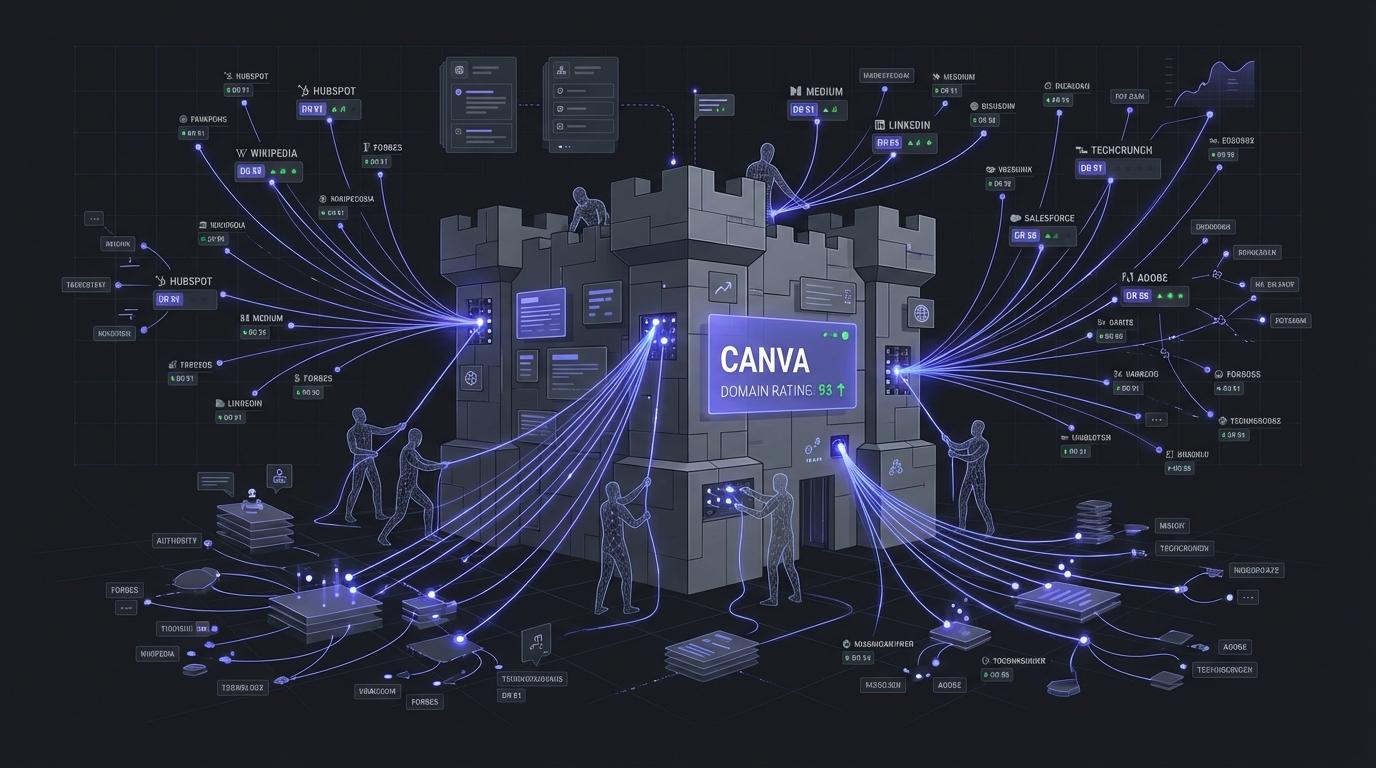 Illustration of a team building a fortress of backlinks for Canva, symbolizing their relentless and personalized outreach strategy to build domain authority.