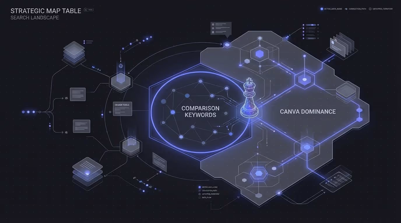 A strategic map showing Canva's search engine dominance, with a single, large, untapped territory labeled "Comparison Keywords" representing their next opportunity.