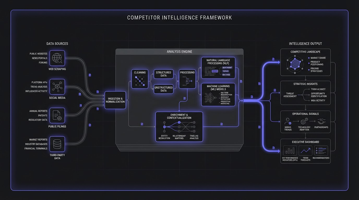 Competitor intelligence gathering framework showing data collection sources