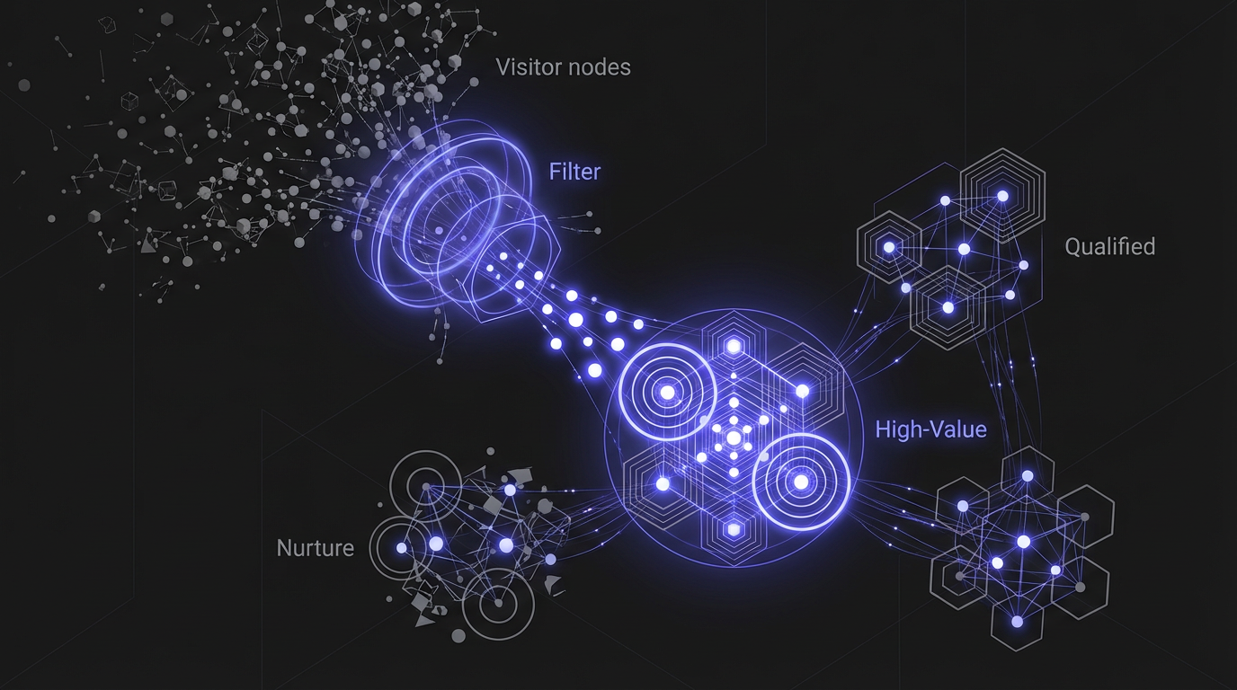 Booth qualification funnel: high-volume front engagement narrowing into high-value back conversations