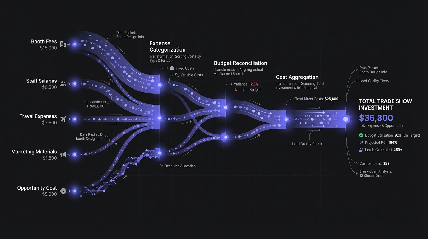 Data flow visualization showing all cost components flowing into a total event investment calculation