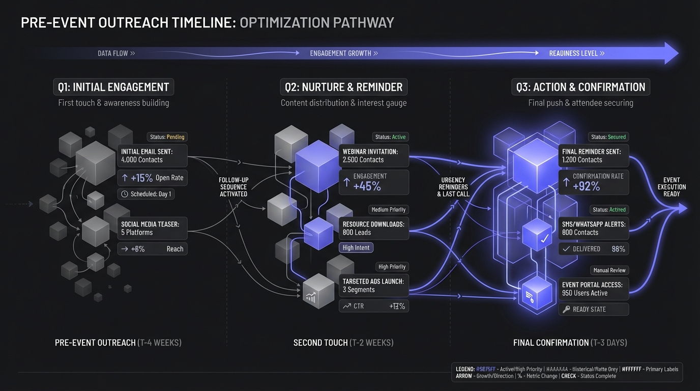 Pre-event outreach timeline showing sequenced touchpoints from 4 weeks to 3 days before the event