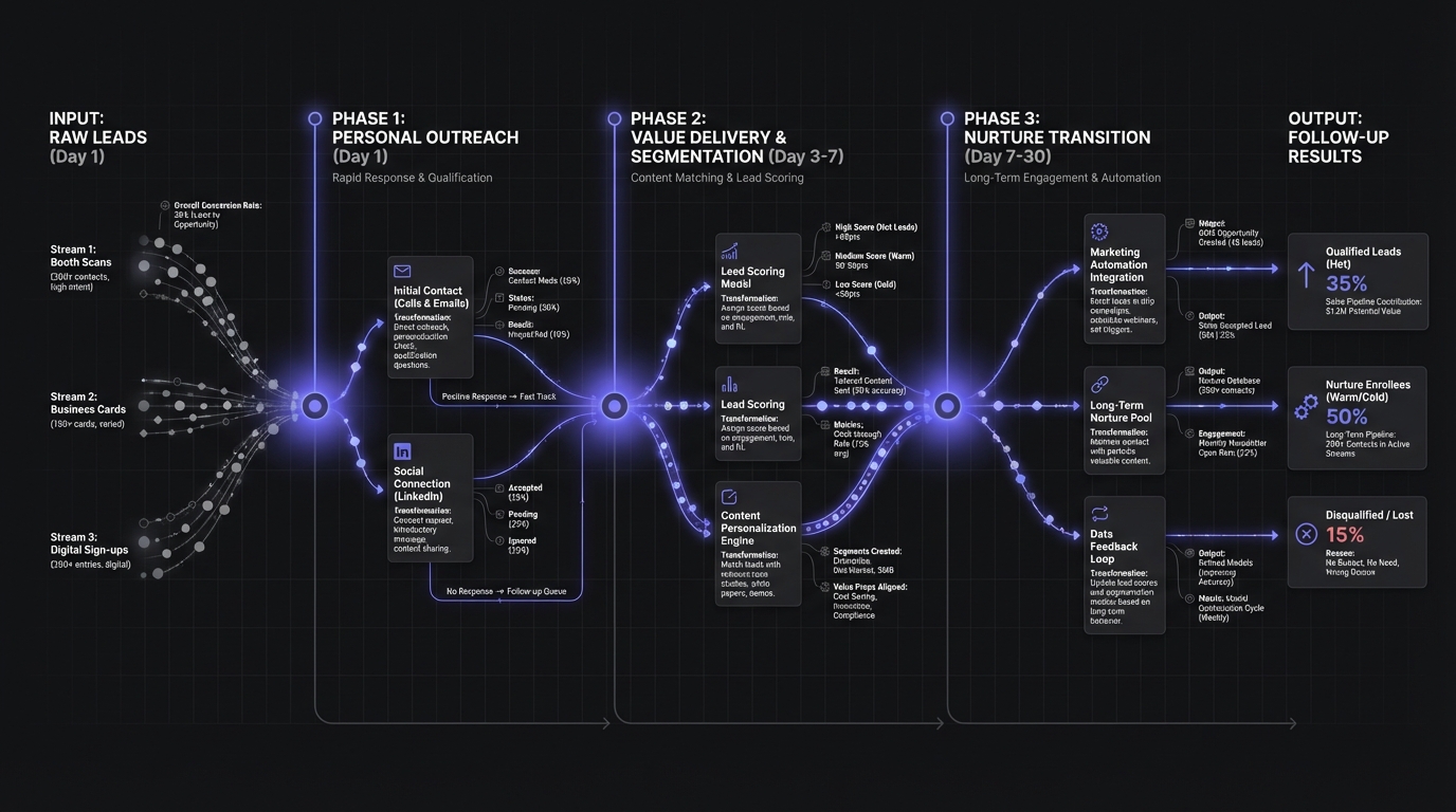 Timeline visualization of the 3-phase trade show follow-up framework from day 1 to day 30