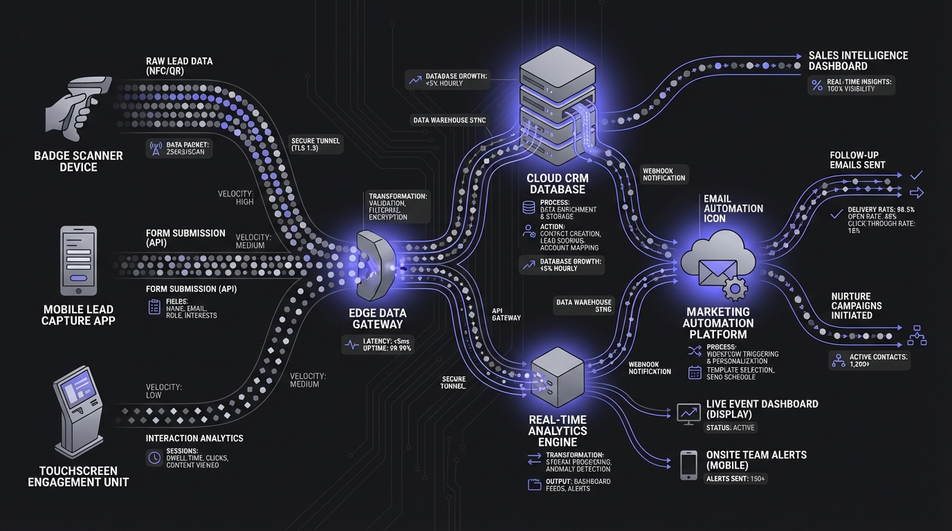 An exploded view of a trade show booth tech stack, connecting badge scanners to CRM and enrichment tools