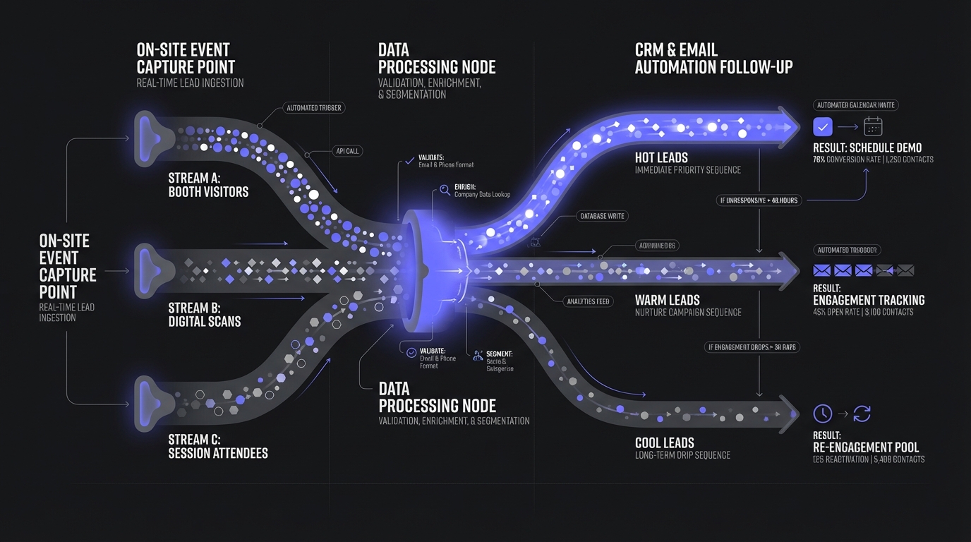 Data flow showing real-time lead capture syncing with CRM, triggering automated follow-up sequences