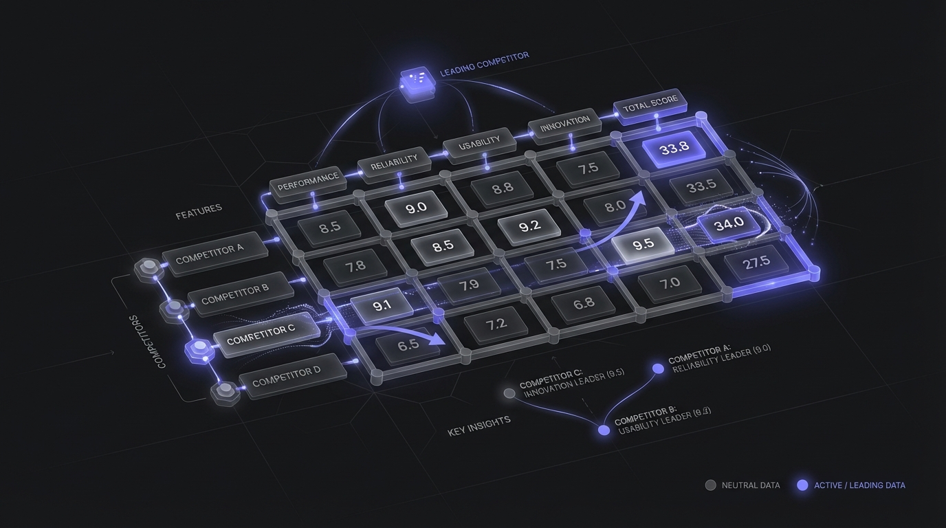 Competitor matrix comparison table with scoring system
