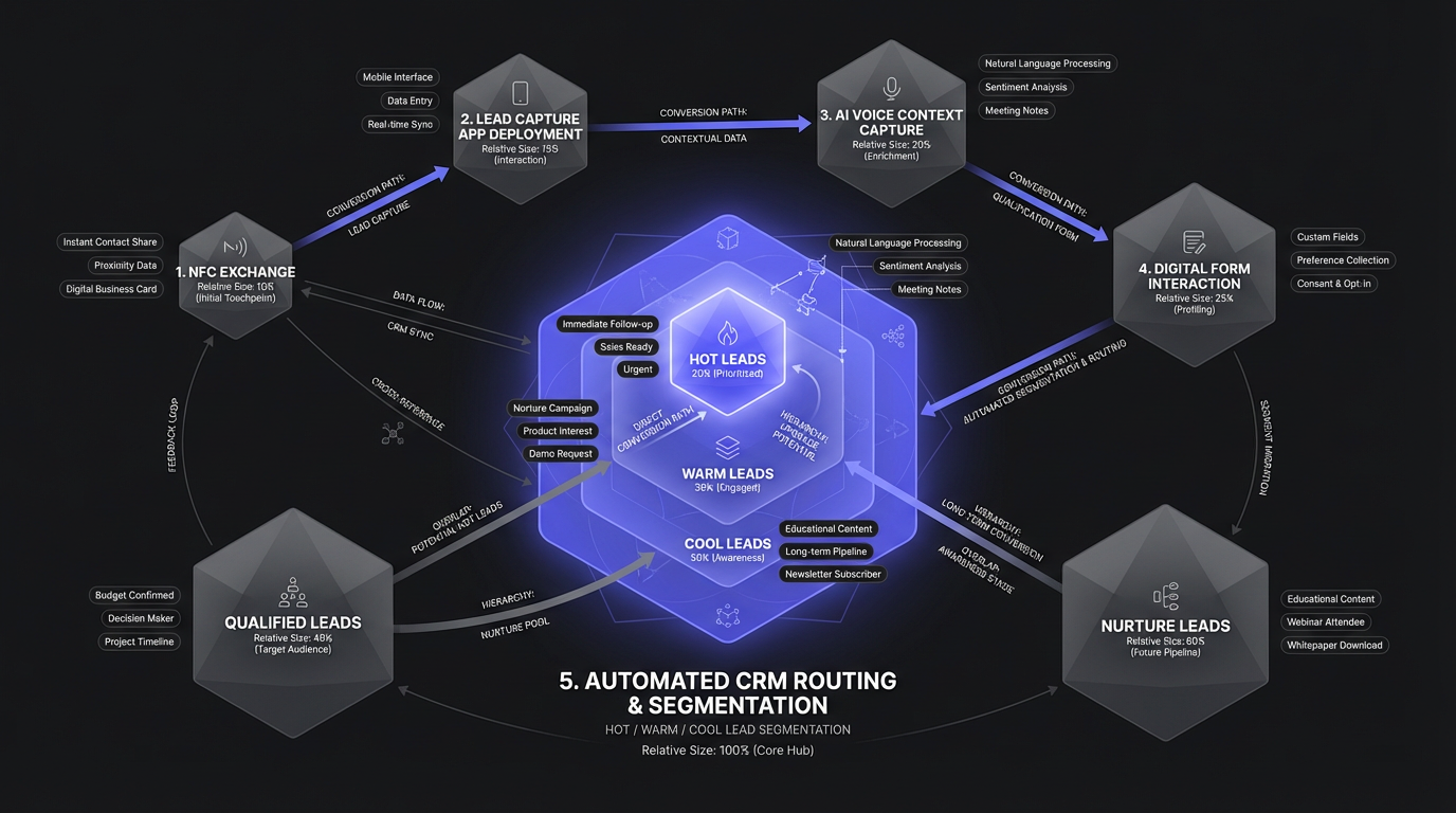 Five-step modern lead collection workflow from NFC exchange through CRM automation