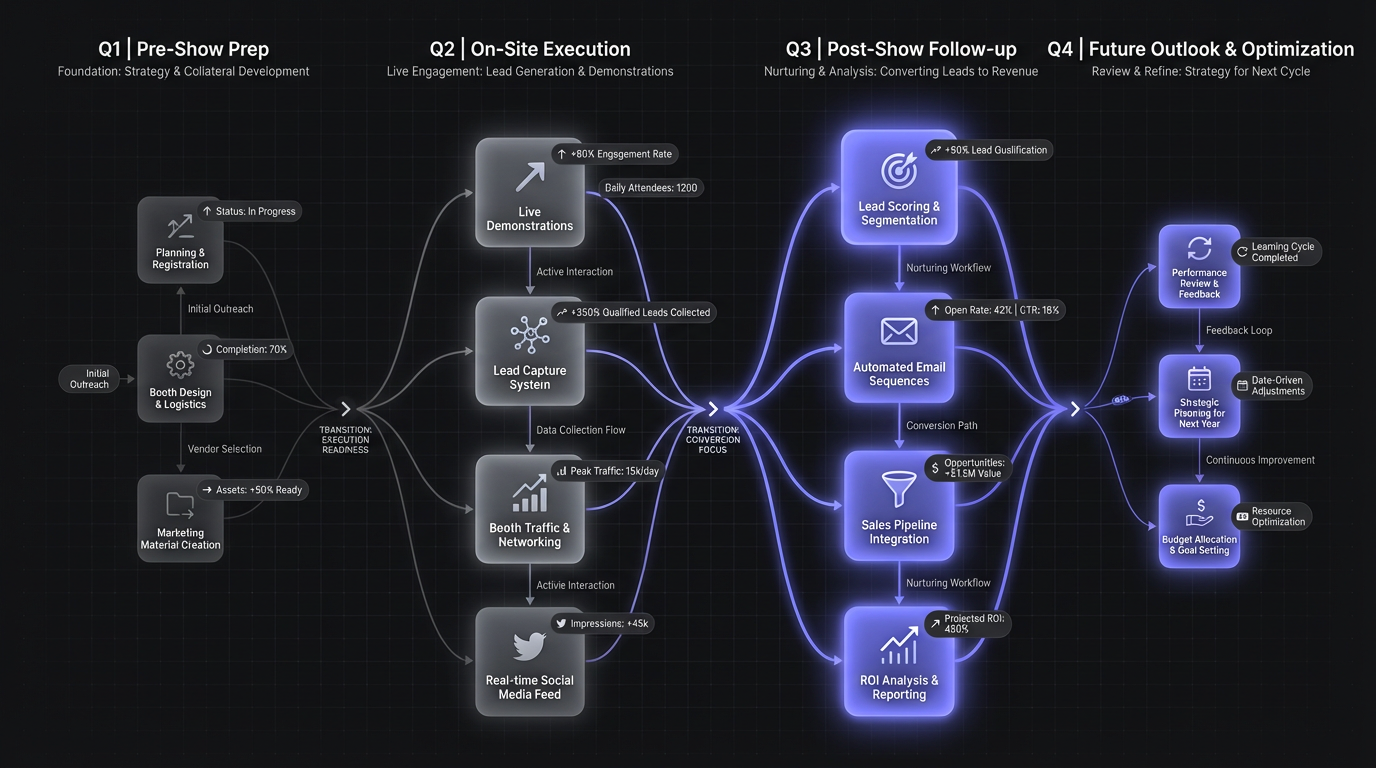 Process flow diagram showing the three phases of trade show marketing