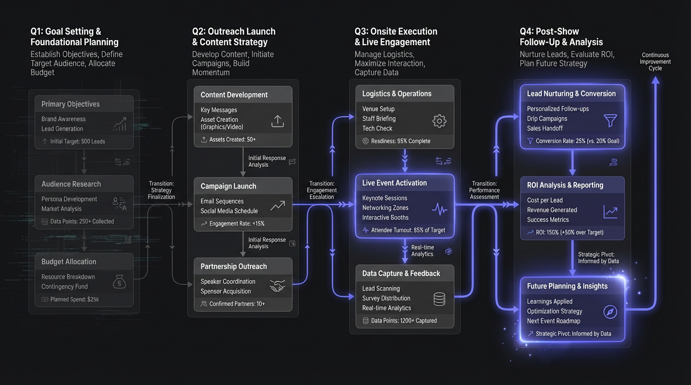 Event marketing timeline showing key activities mapped across a 12-week preparation period