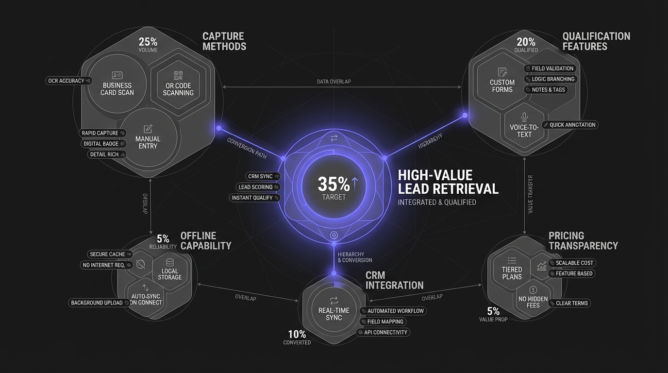 Comparison framework showing five evaluation criteria for lead retrieval apps