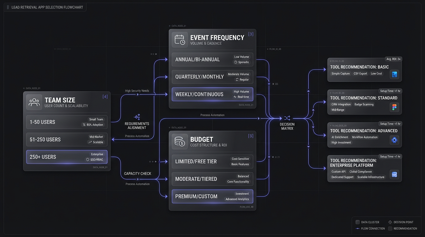 Decision flowchart helping teams select the right lead retrieval approach based on team size and event frequency