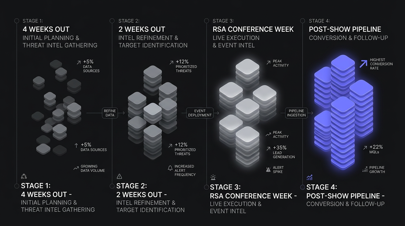 Timeline showing the intelligence-gathering phases: 4 weeks before RSA Conference through post-show pipeline conversion