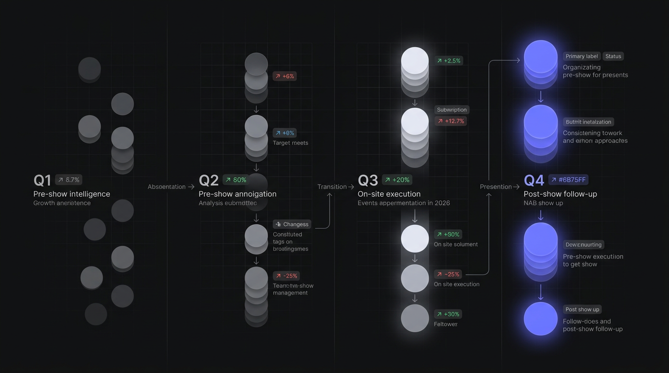 A chronological timeline showing pre-show intelligence gathering, on-site execution, and post-show follow up for NAB Show 2026