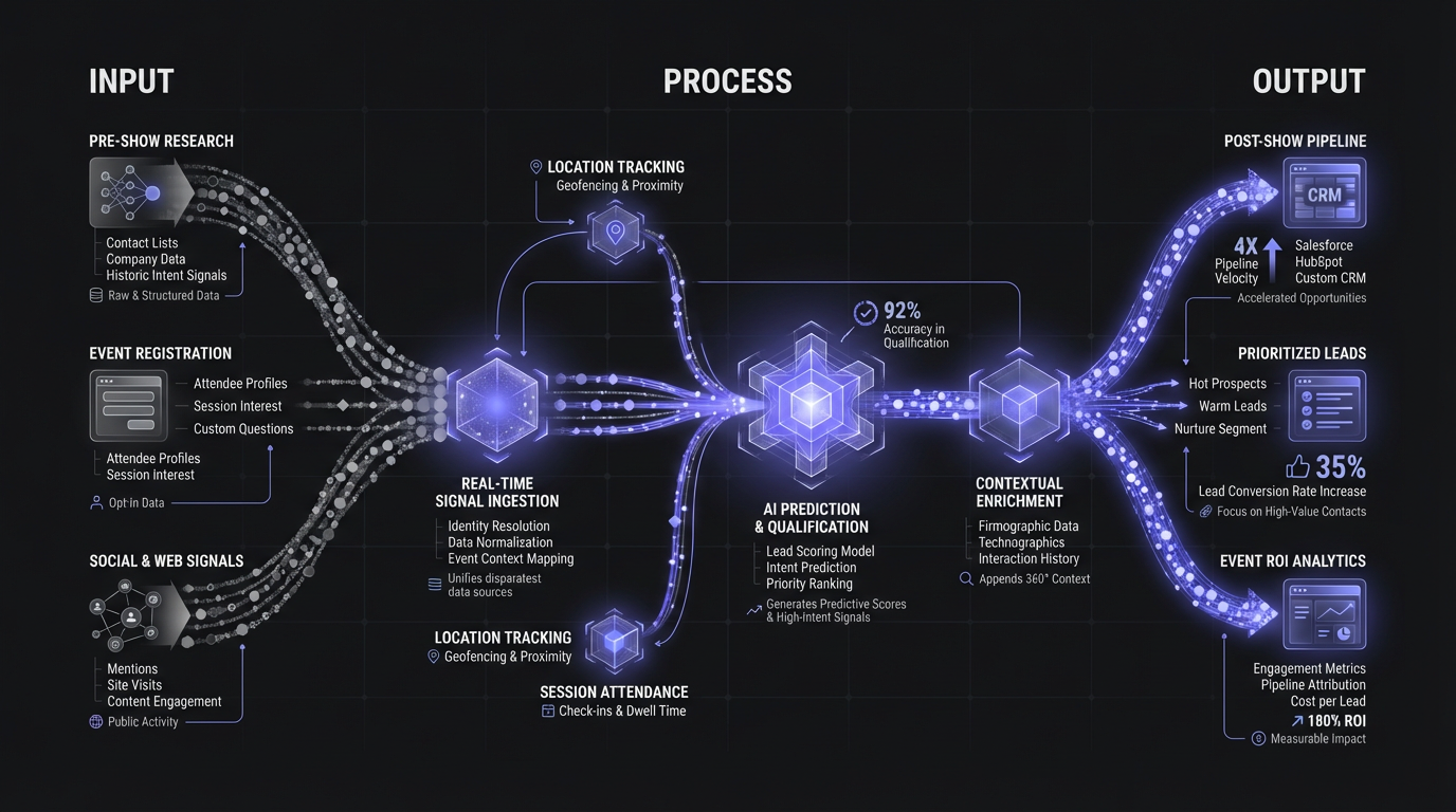 Data flow diagram showing how event intelligence connects pre-show research to post-show pipeline
