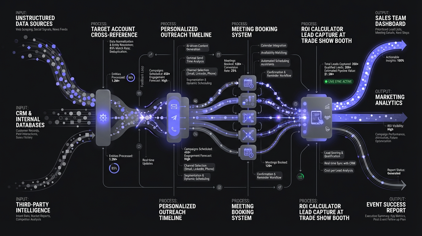 Pre-event intelligence workflow showing outreach timeline, meeting booking system, and ROI calculator lead capture