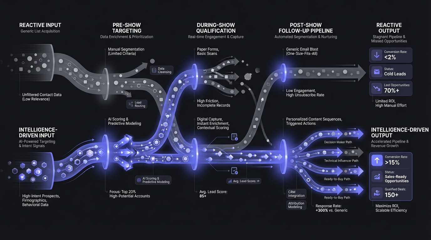 Comparison of reactive vs. intelligence-driven trade show strategy across three phases