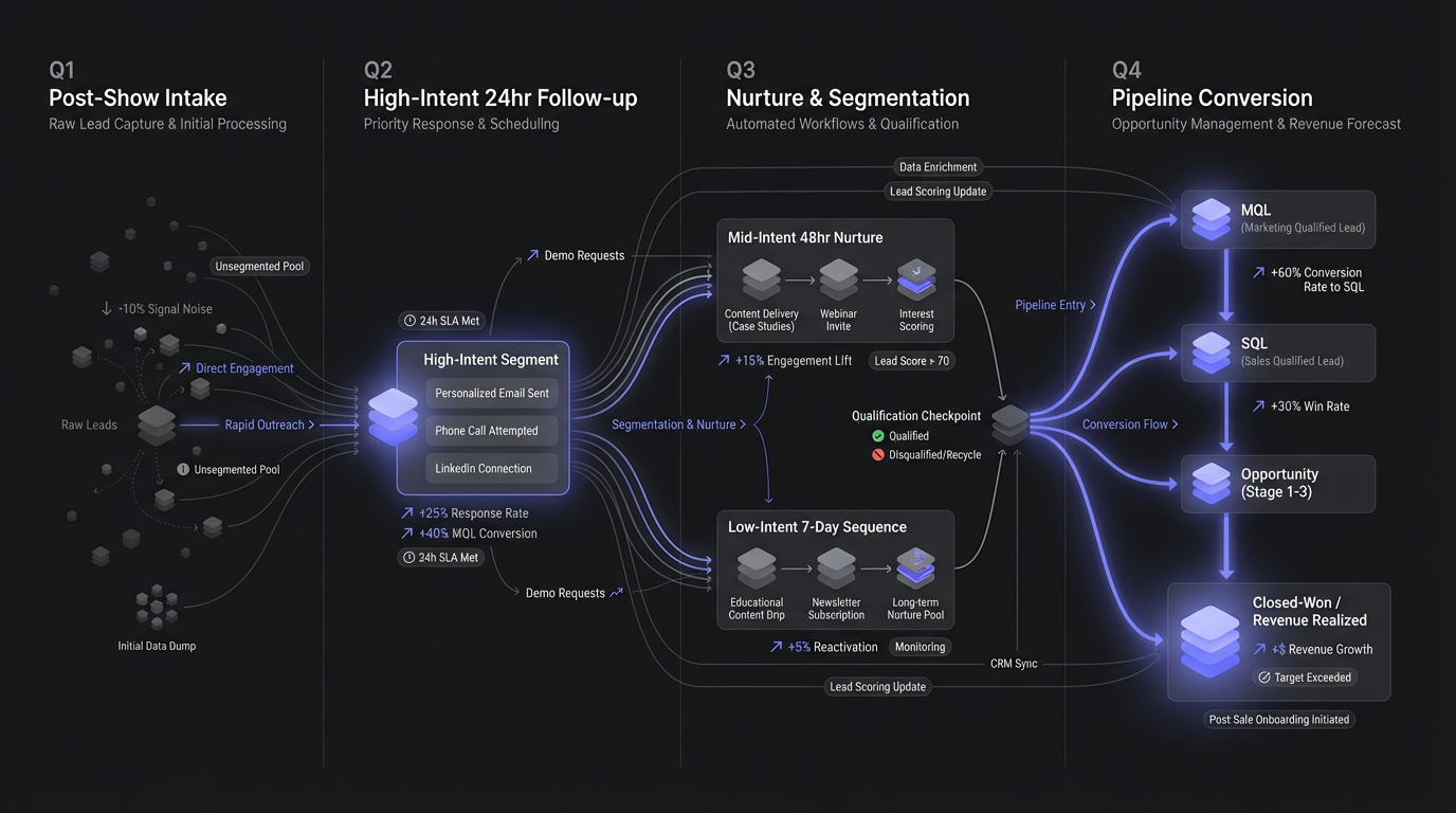 Visualization of post-show lead segmentation flow and follow-up timing by intent level