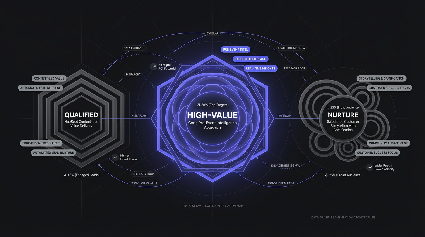 Three-column comparison of Gong pre-event intelligence, HubSpot content-led, and Salesforce customer storytelling approaches with trade show booth strategy elements