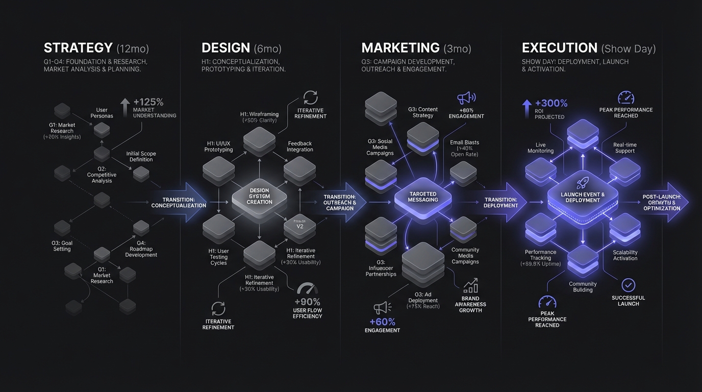 Diagram showing a timeline of trade show preparation phases from 12 months out to post-show