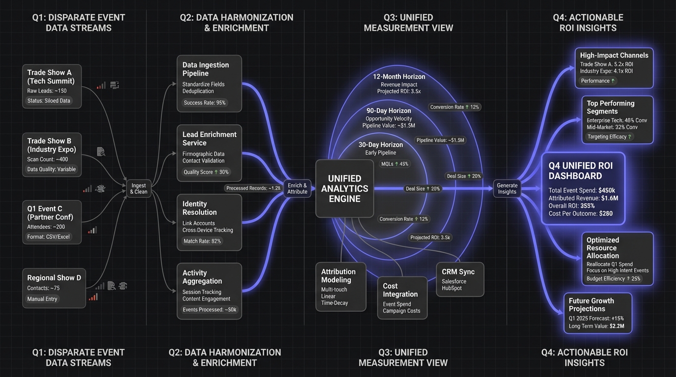 Analytics dashboard visualization showing event ROI data flowing from multiple events into a unified measurement view