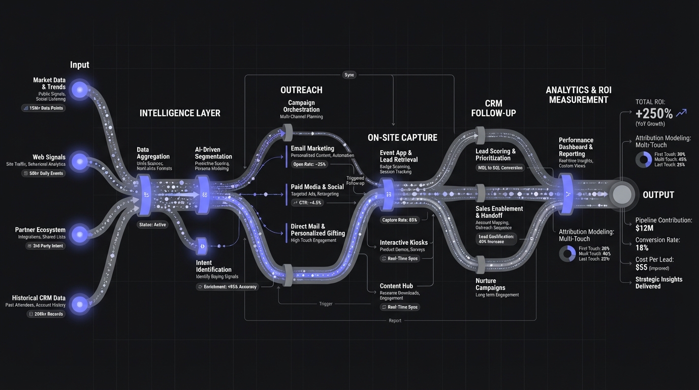 Five-layer event marketing tech stack architecture showing data flow between intelligence, outreach, capture, follow-up, and analytics