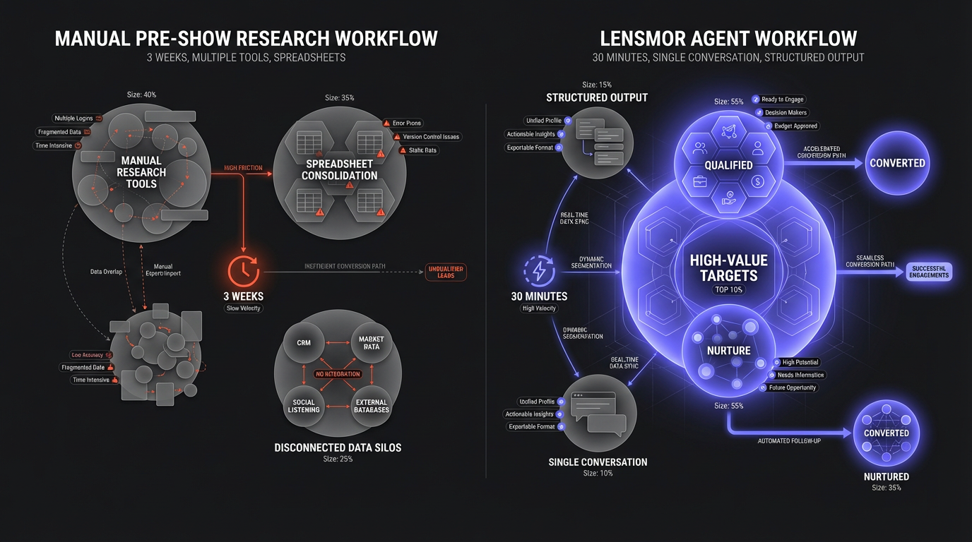 Side-by-side comparison showing manual pre-show research workflow versus Lensmor Agent workflow, with time estimates for each step