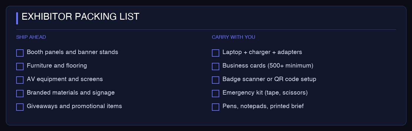 Trade show exhibitor packing list: ship ahead vs carry with you