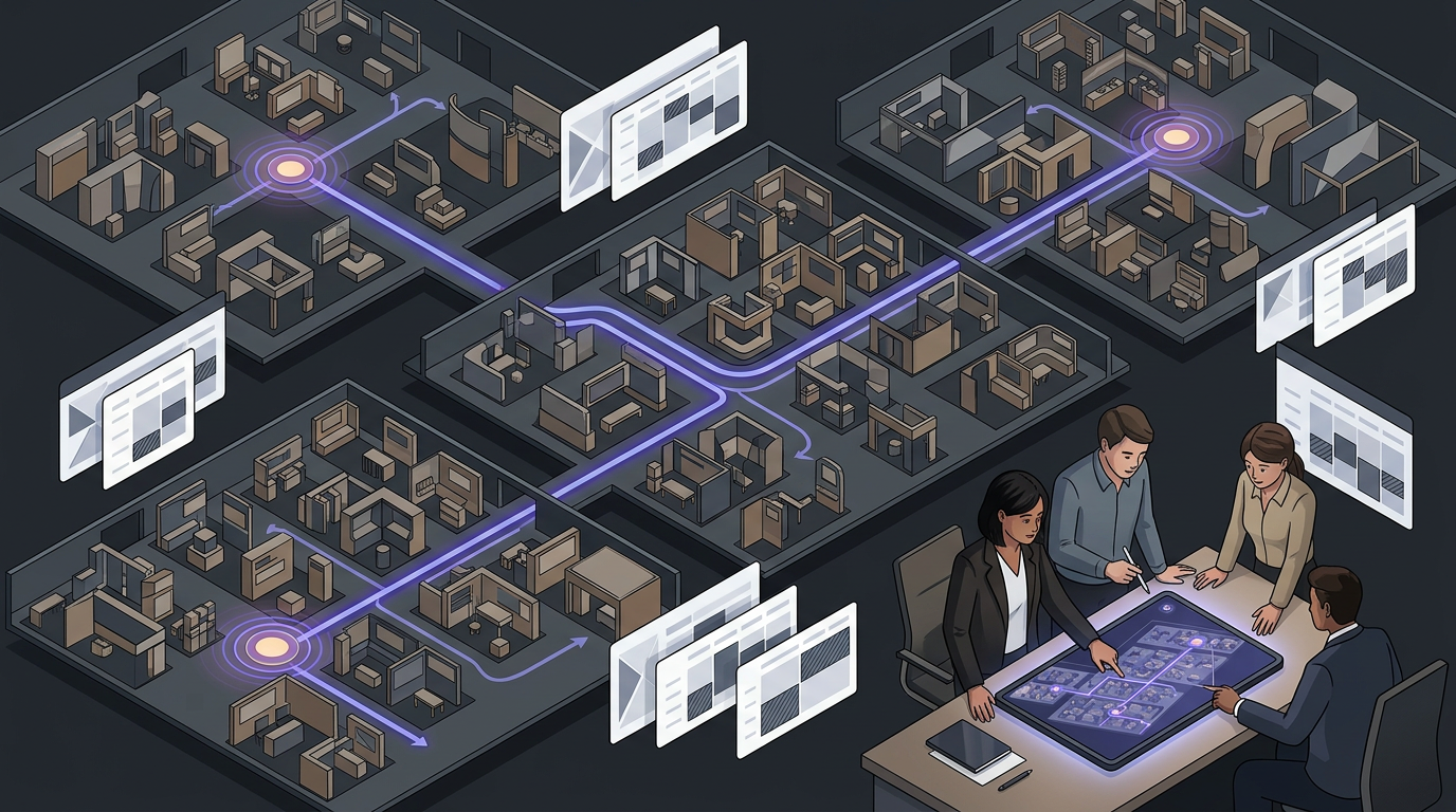 Route-planning visual for Computex Taipei 2026 showing venue halls, booth clusters, calendar blocks, and meeting paths.