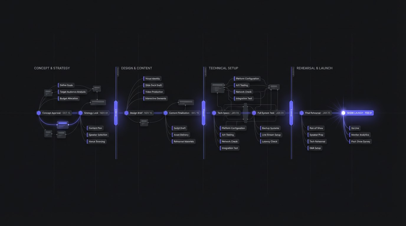 Pre-show planning timeline with milestones and action items