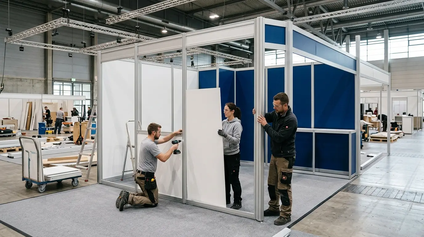 Chicago booth builder team assembling a trade show booth before the event opens