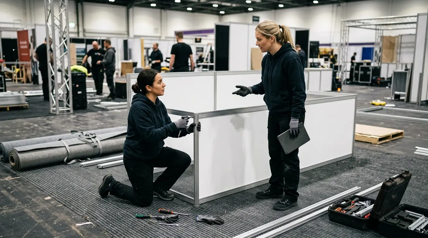Booth build team coordinating setup on the trade show floor before exhibitors arrive
