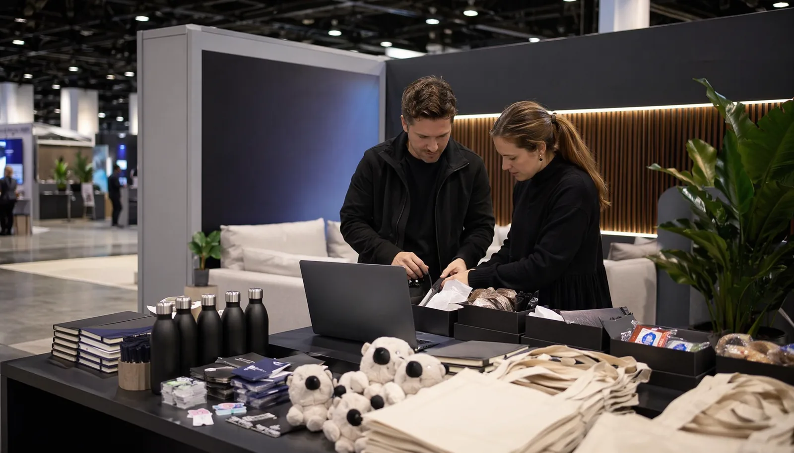 AI company trade show booth with custom giveaways prepared before the event opens