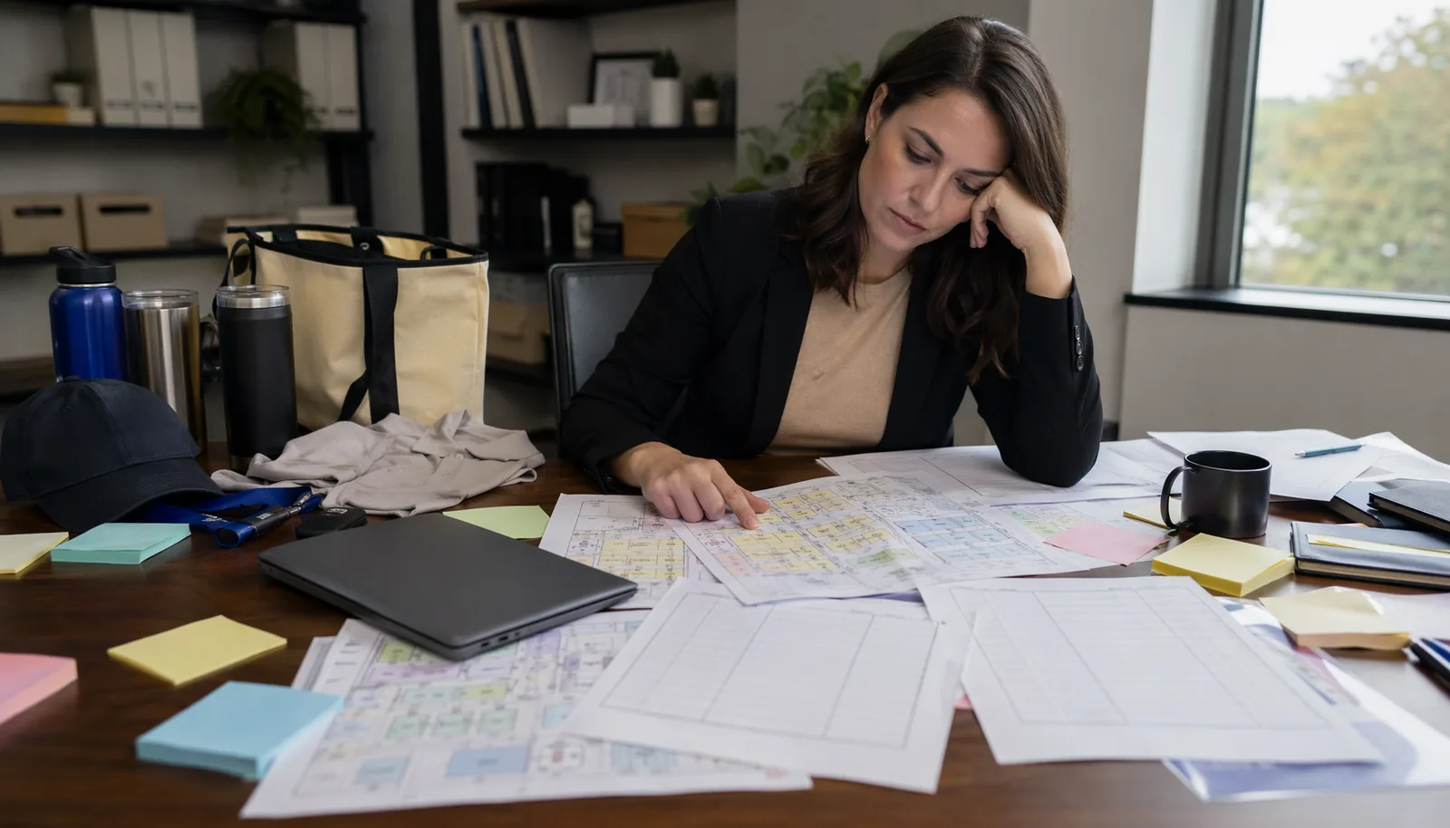 Sales rep manually researching trade show exhibitors with booth maps and custom merch samples
