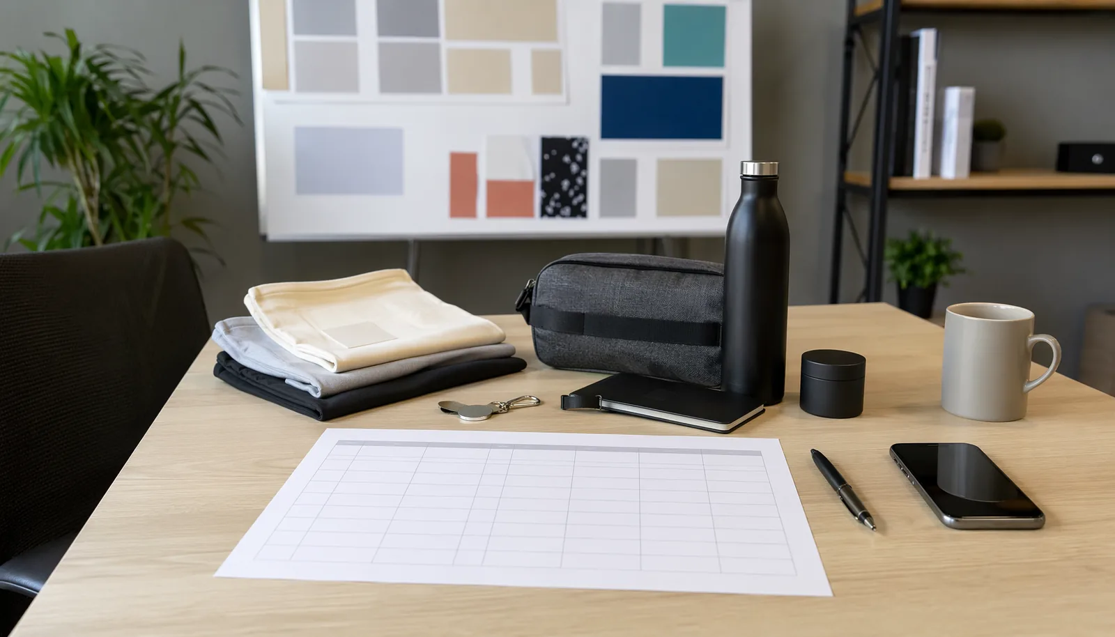 Pre-show audience campaign workspace with custom giveaway samples and campaign planning materials