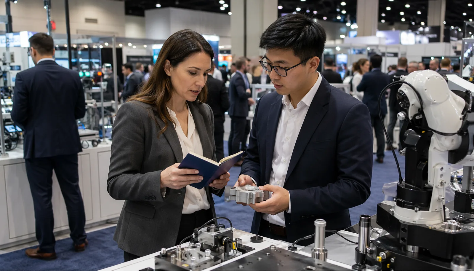 Patent law firm representative speaking with a robotics exhibitor at an automation trade show